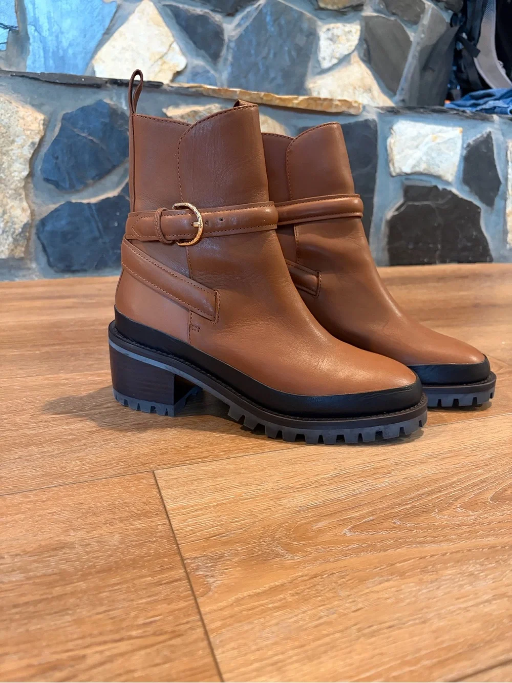 Ulla Johnson Cognac Leather Lug Sole Buckle Ankle Boots EU 35 | Like New